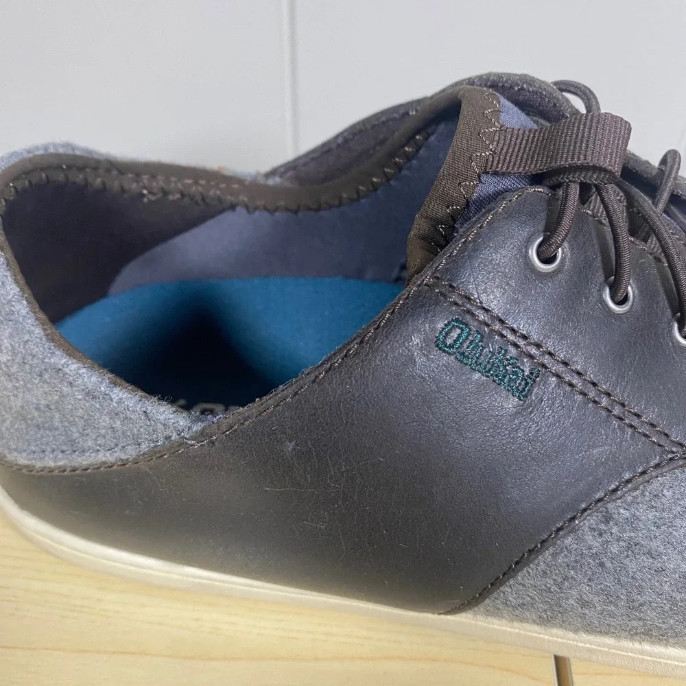OluKai Nohea Moku Hulu Grey Wool Leather Drop-In Sneaker Shoes Men's 9.5‎